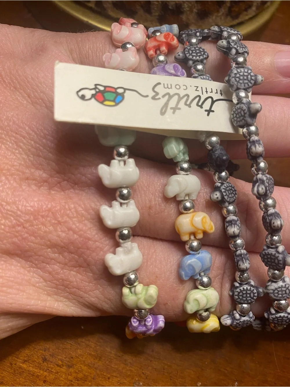 Pack of 4 Multicolor Elephant & Gray Turtle Bead Stretch Bracelets kids or adult